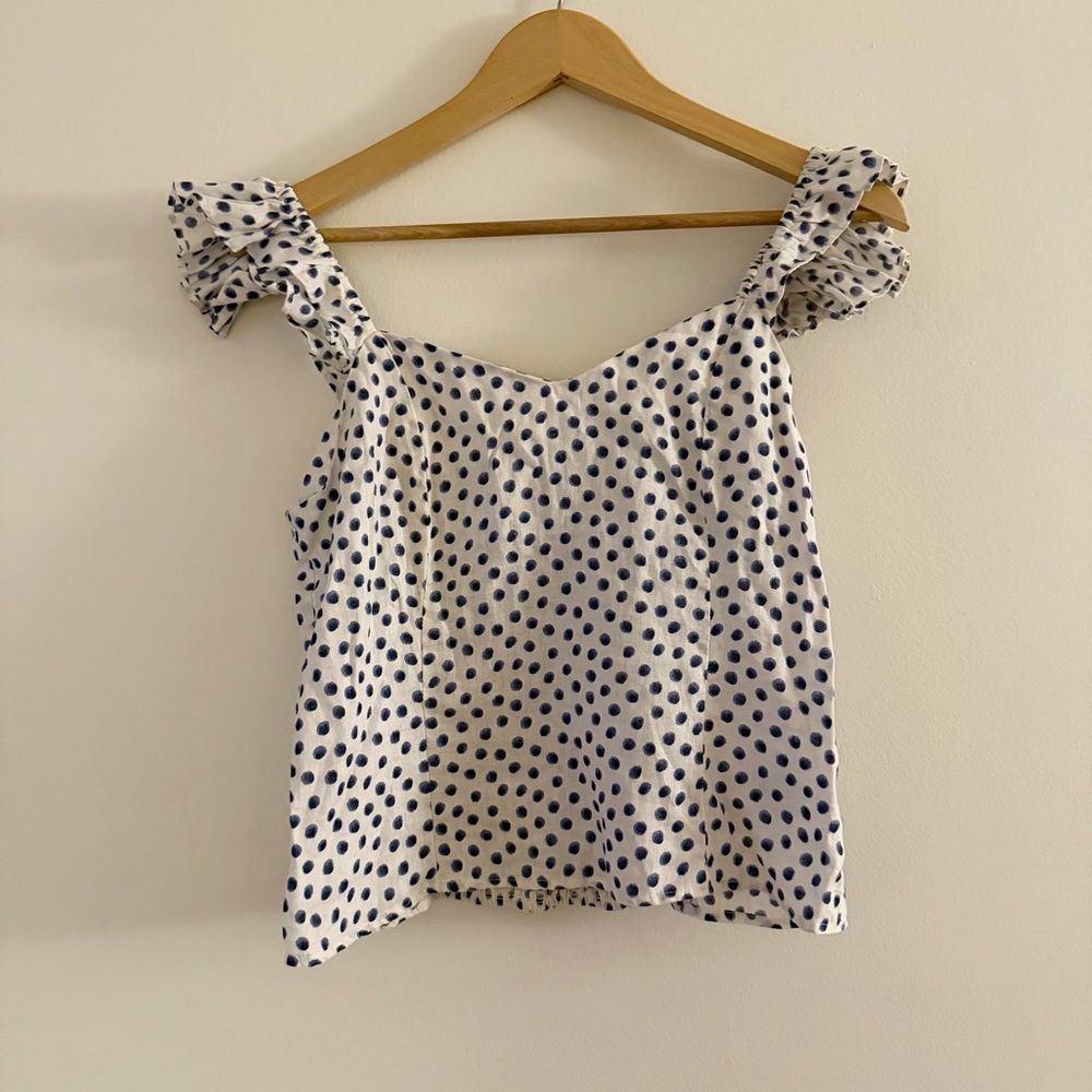 Adorable 100% Linen Polka Dot Ruffle Sleeve Top